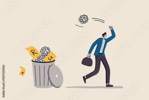 Get rid of work anxiety, stressed and unhappiness emotion, relax to gain happiness concept, happy businessman throw away stressed and anxiety into the bin.