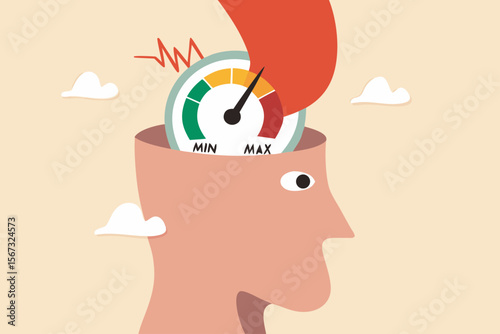 Stress and anxiety level, exhausted and fatigue from work causing depressed and mental illness concept, human head open to see stress level or tired meter rising and reaching maximum in his brain.