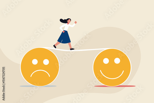 Relaxation make anxiety or stressed to happy, optimistic relief or metal illness therapy, bipolar disorder or mindful thinking concept, depressed woman walk the line from sadness to smile face.