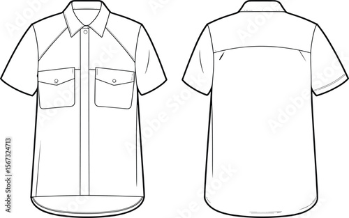 Short sleeve utility shirt CAD sketch, front and back technical vector with flap pockets and curved hem for fashion design