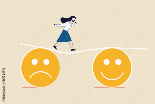 Relaxation make anxiety or stressed to happy, optimistic relief or metal illness therapy, bipolar disorder or mindful thinking concept, depressed woman walk the line from sadness to smile face.