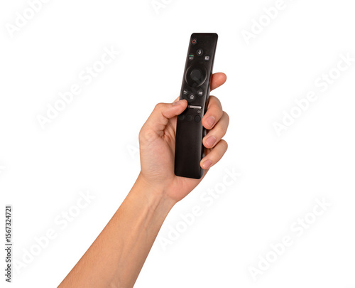 Hand holding remote control isolated on isolated on transparent PNG.