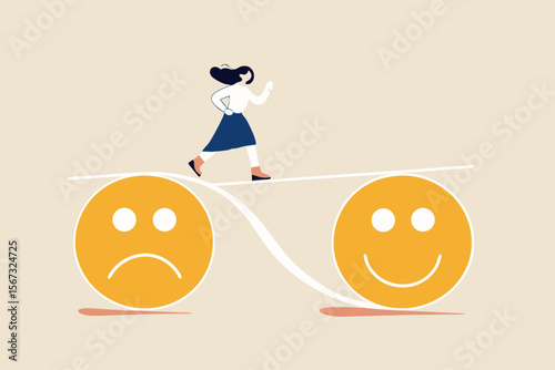 Relaxation make anxiety or stressed to happy, optimistic relief or metal illness therapy, bipolar disorder or mindful thinking concept, depressed woman walk the line from sadness to smile face.