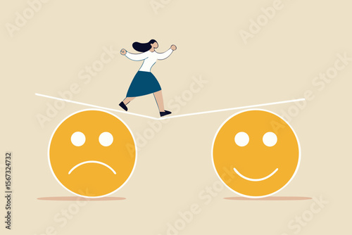 Relaxation make anxiety or stressed to happy, optimistic relief or metal illness therapy, bipolar disorder or mindful thinking concept, depressed woman walk the line from sadness to smile face.