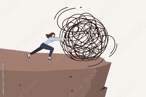 Depression and anxiety caused by stress and pressure, relaxation help relieve stress, overcome frustration, reduce tension and make peaceful life, happy woman push messy chaos stress ball off a cliff.