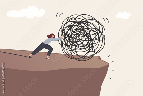 Depression and anxiety caused by stress and pressure, relaxation help relieve stress, overcome frustration, reduce tension and make peaceful life, happy woman push messy chaos stress ball off a cliff.