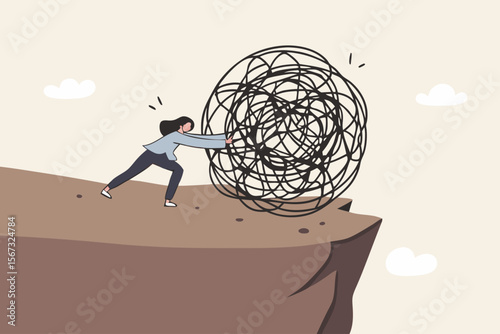Depression and anxiety caused by stress and pressure, relaxation help relieve stress, overcome frustration, reduce tension and make peaceful life, happy woman push messy chaos stress ball off a cliff.
