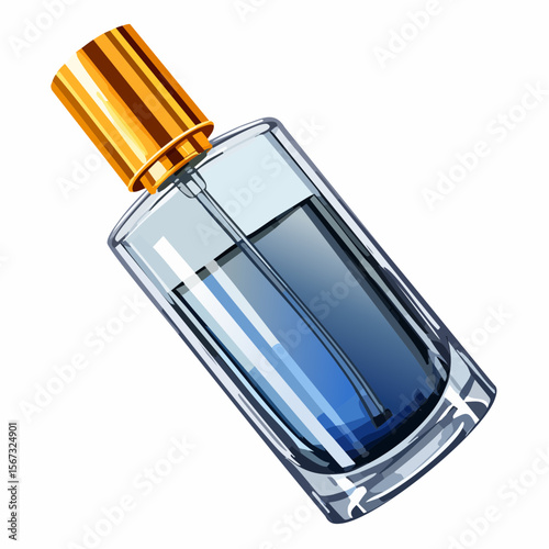 highly detailed flat vector illustration of a modern rectangular glass perfume bottle with a smooth gradient from clear transparent at the top to deep cobalt blue at the bottom