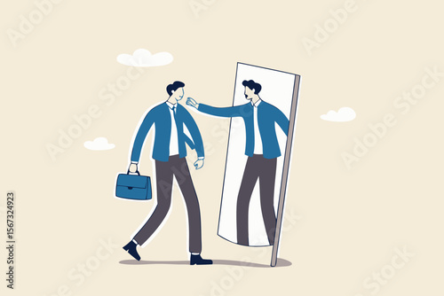 Self esteem or self care, believe in yourself improving confident, respect in your strong attitude concept, frustrated businessman looking at mirror with his shadow encourage his confidence.