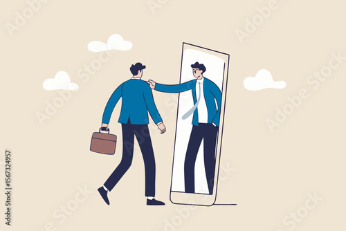 Self esteem or self care, believe in yourself improving confident, respect in your strong attitude concept, frustrated businessman looking at mirror with his shadow encourage his confidence.