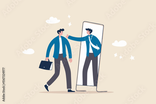 Self esteem or self care, believe in yourself improving confident, respect in your strong attitude concept, frustrated businessman looking at mirror with his shadow encourage his confidence.