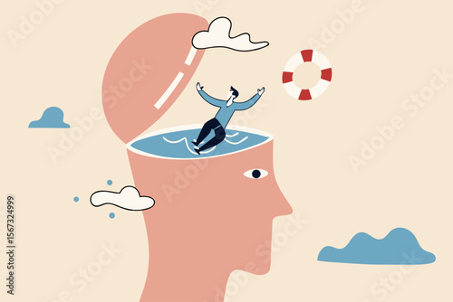 Mental illness therapy or help, depression or anxiety disorder rescue, psychology or stressed healing concept, therapist throw lifebuoy to help man drowning in his depressed brain.