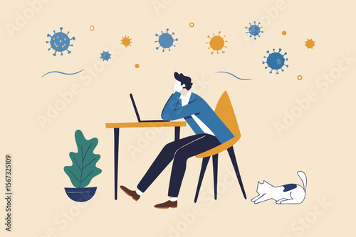 Boredom work from home in Coronavirus outbreak social distancing, stay home, boring low productivity concept, office guy working at home with computer laptop boring with COVID-19 virus pathogen.
