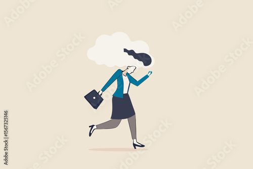 Brain fog causing mental problem or struggle, work anxiety or stress make confusion or depression concept, confused office businesswoman walking with brain fog, smoke or cloud covered her head.