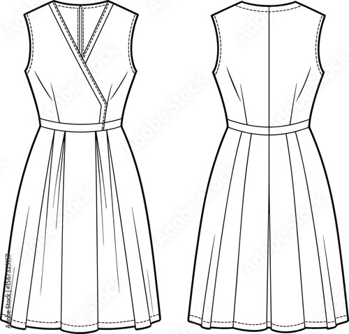 Sleeveless V-neck belted dress flat sketch, fashion CAD template front and back view, modern pleated design vector illustration