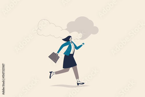 Brain fog causing mental problem or struggle, work anxiety or stress make confusion or depression concept, confused office businesswoman walking with brain fog, smoke or cloud covered her head.