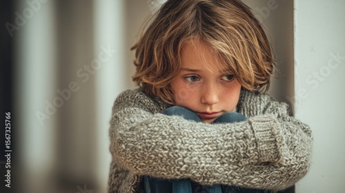 A 9-year-old child sitting in a cozy corner, hugging knees, eyes downcast with tearful expression