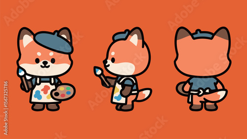 Artistic Foxes Wearing Berets and Holding Paintbrushes and Palette