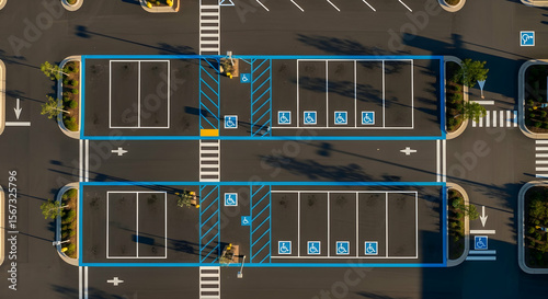 Aerial Perspective Of Parking Lot With Disabled Parking Spaces And Zebra Crossings