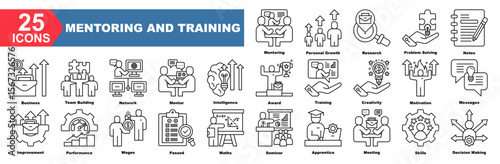 mentoring and training icon collection set.Mentoring,Personal Growth,Research,Problem Solving,Notes,Business,Team Building.Simple line vector.