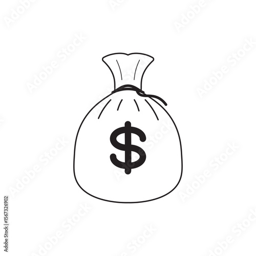 Editable stroke outline icon of a money bag with a dollar sign on its front. The icon features a simple, clean black line design representing wealth, savings, or financial transactions.