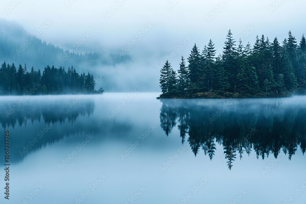 Fototapeta premium Misty Lake Landscape with Pine Trees and Tranquil Water Reflection