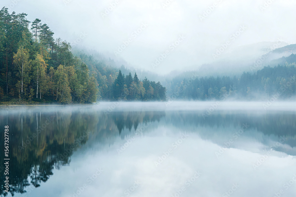 Fototapeta premium Serene Lake Reflection in Foggy Autumn Landscape at Dawn