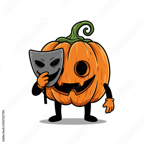 Cartoon pumpkin-headed character with a green stem, one circular eye, and jagged mouth, holding a mask playfully with black limbs on a light background.