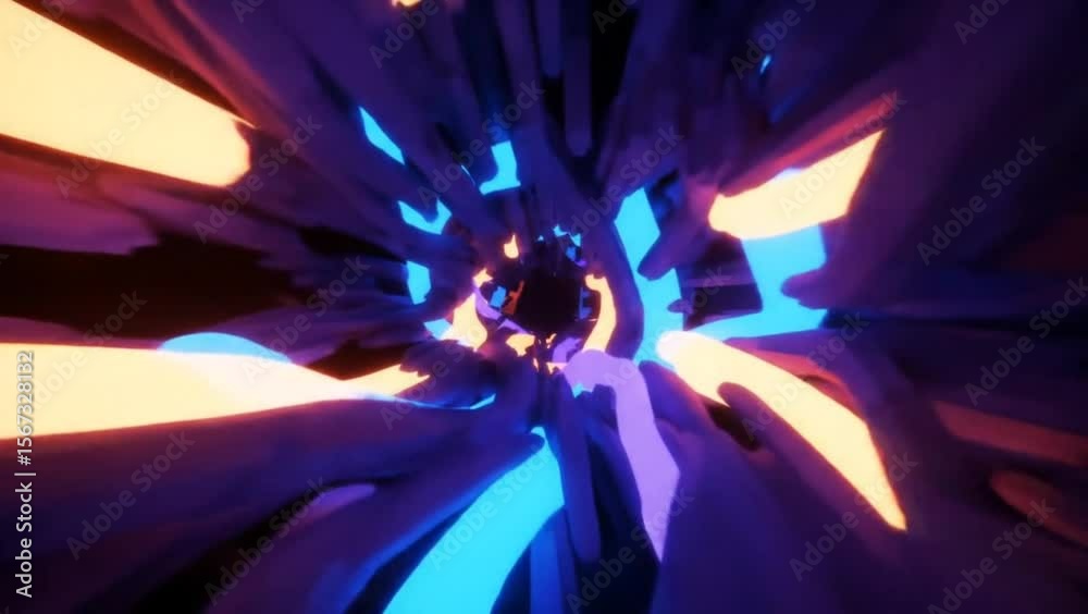 3D tunnel animation with vibrant purple and orange glowing shards spinning toward a vortex
