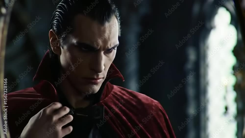 Mysterious figure in a dark, gothic setting, adjusting his cloak while gazing into a mirror