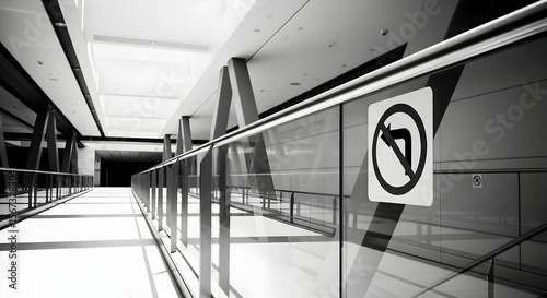 Modern Architecture Inside View With No Left Turn Sign In Black And White