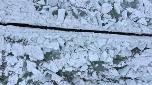 Drone view over a frozen Lake Michigan