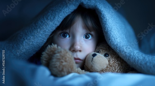 Fear of the Dark (Age 5) - A 5-year-old child clutching a stuffed animal under covers, eyes wide, dim bedroom lighting