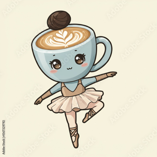 Kawaii Coffee Cup Character as Ballerina Dancing Illustration