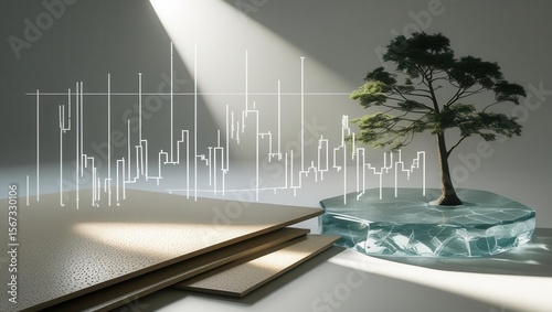 Analyzing growth trends with nature elements indoor studio digital art minimalist environment aesthetic viewpoint