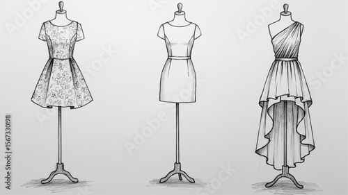 Fashion Sketches of Various Dresses on Mannequins