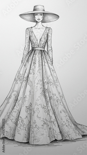 Elegant Woman in Long Dress Fashion Sketch, Hand-Drawn Pencil Illustration
