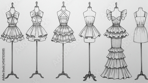 Hand-drawn Fashion Sketches of Various Dresses on Mannequins