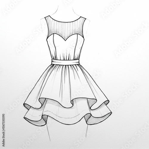 Sketch of a short cocktail dress with sweetheart neckline, layered skirt, and belt