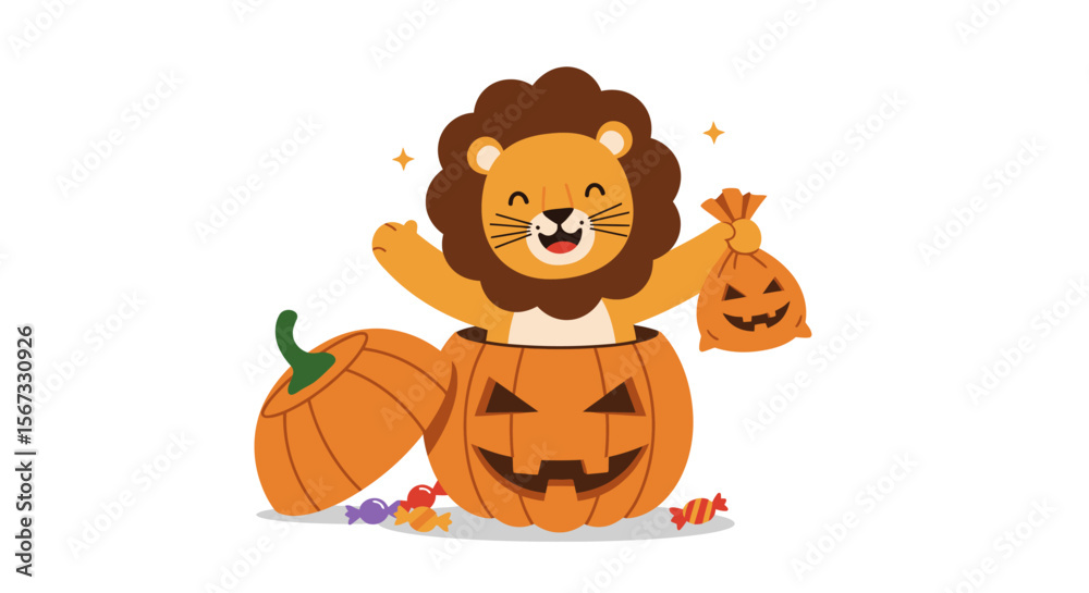 Fototapeta premium Minimalist flat cartoon vector of a smiling lion popping out from inside a jack-o'-lantern