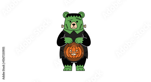 Minimalist flat vector of a bear in a Frankenstein costume holding a glowing pumpkin lantern