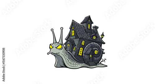 Minimalist Halloween cartoon vector of a snail whose shell is designed like a haunted house