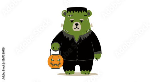 Flat Minimalist vector of a bear in a Frankenstein costume holding a glowing pumpkin lantern