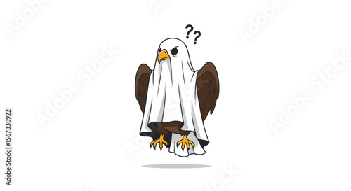 Funny minimalist flat vector of a eagle wearing a ghost sheet costume and floating with a confused expression, Halloween vibe, white background