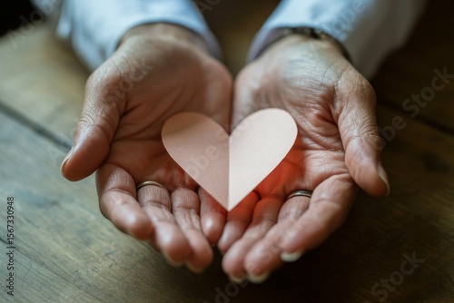 A soft focus, romantic photograph captures a pair of hands gently holding a delicate paper heart