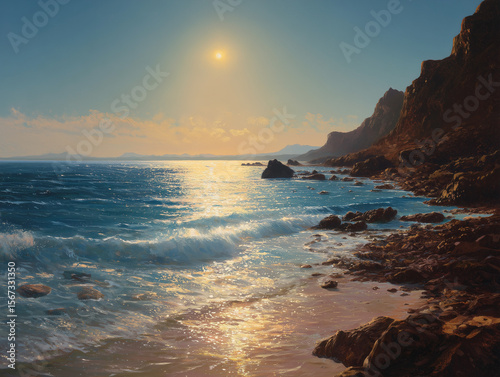 Calm waves and warm sun over quiet coastline