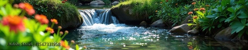 Crystal Clear Spring Water Cascading Through Lush Greenery, Illuminated by Sunlight, Tranquil Wild Nature Scene