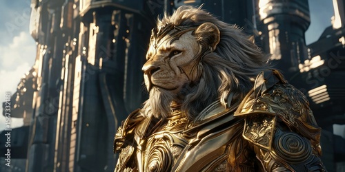 A futuristic lion-headed warrior dressed in golden armor, ruling over a sci-fi empire.