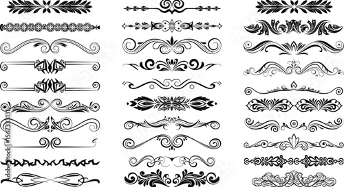 Collection of ornate black decorative dividers and borders with floral and scroll elements