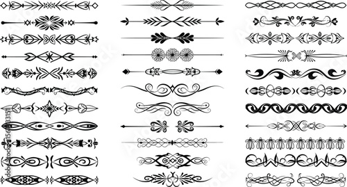 Collection of elegant black flourishes and ornate decorative borders on white background
